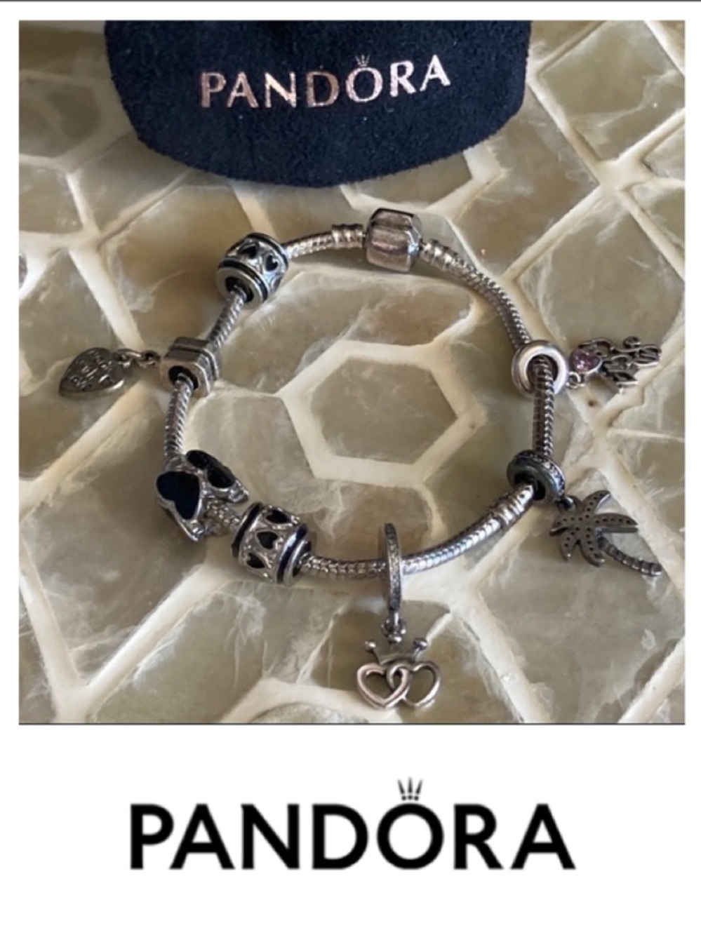 Pandora Moments snake chain barrel clasp bracelet w/6 charms